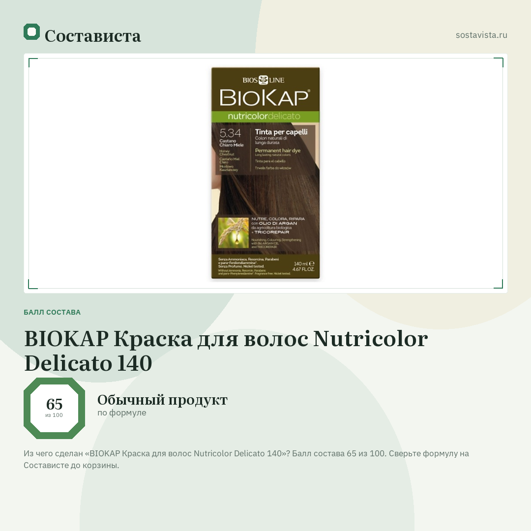 BIOKAP Краска для волос Nutricolor Delicato 140: балл состава 65 из 100 — Состависта