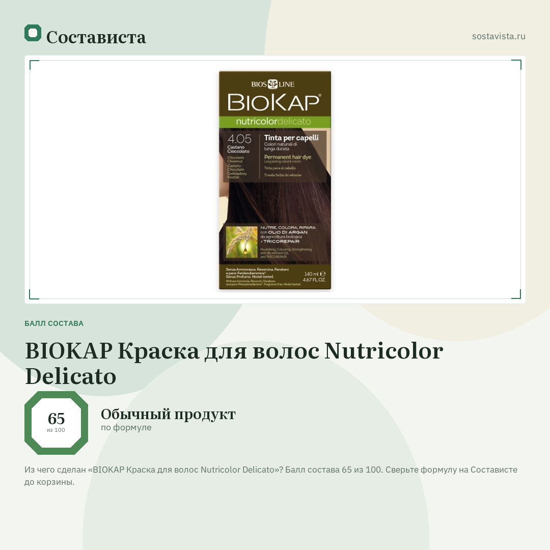 BIOKAP Краска для волос Nutricolor Delicato: балл состава 65 из 100 — Состависта