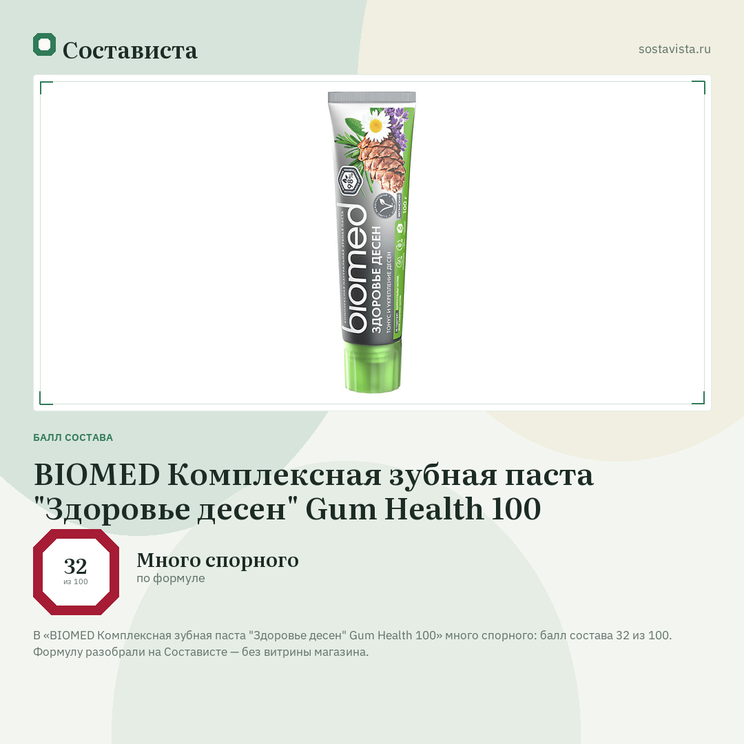 BIOMED Комплексная зубная паста "Здоровье десен" Gum Health 100: балл состава 32 из 100 — Состависта