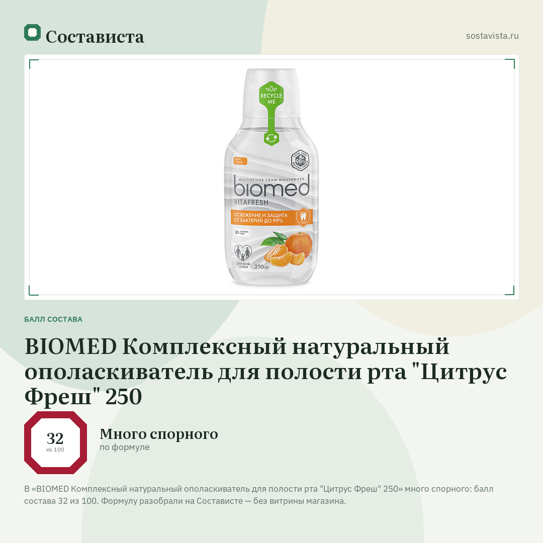 BIOMED Комплексный натуральный ополаскиватель для полости рта "Цитрус Фреш" 250: балл состава 32 из 100 — Состависта