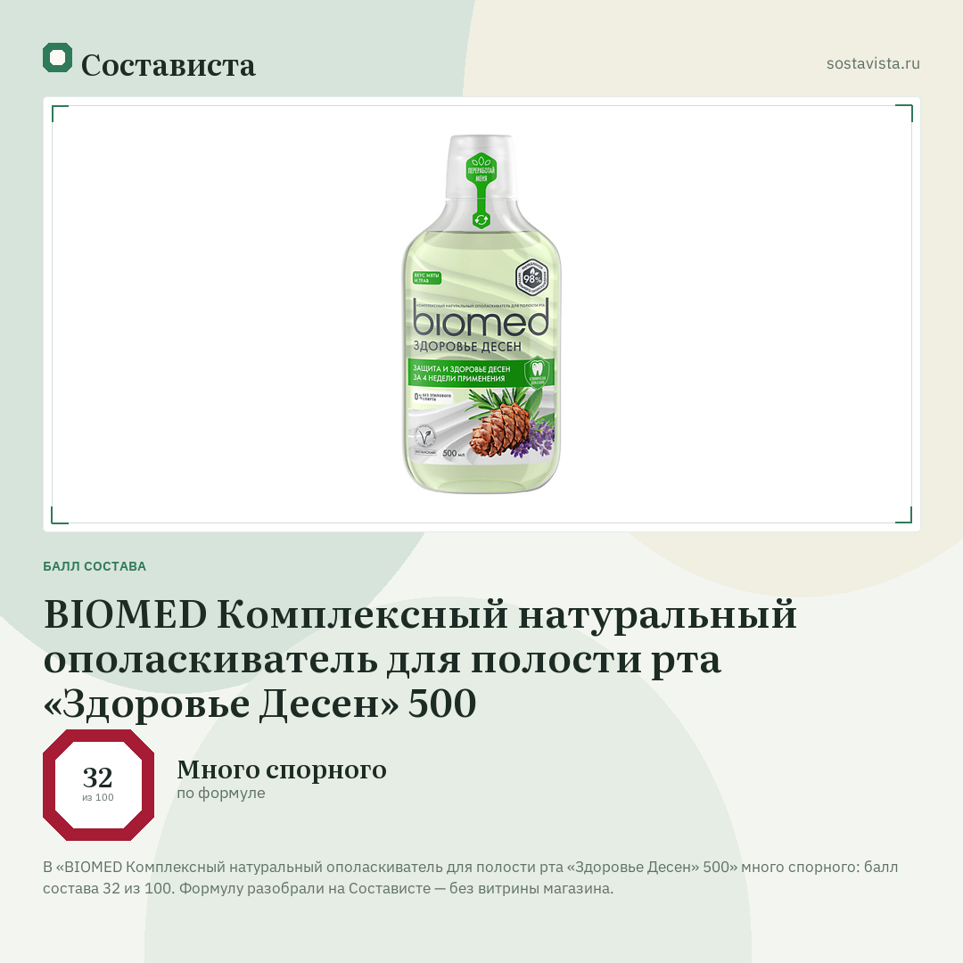 BIOMED Комплексный натуральный ополаскиватель для полости рта «Здоровье Десен» 500: балл состава 32 из 100 — Состависта