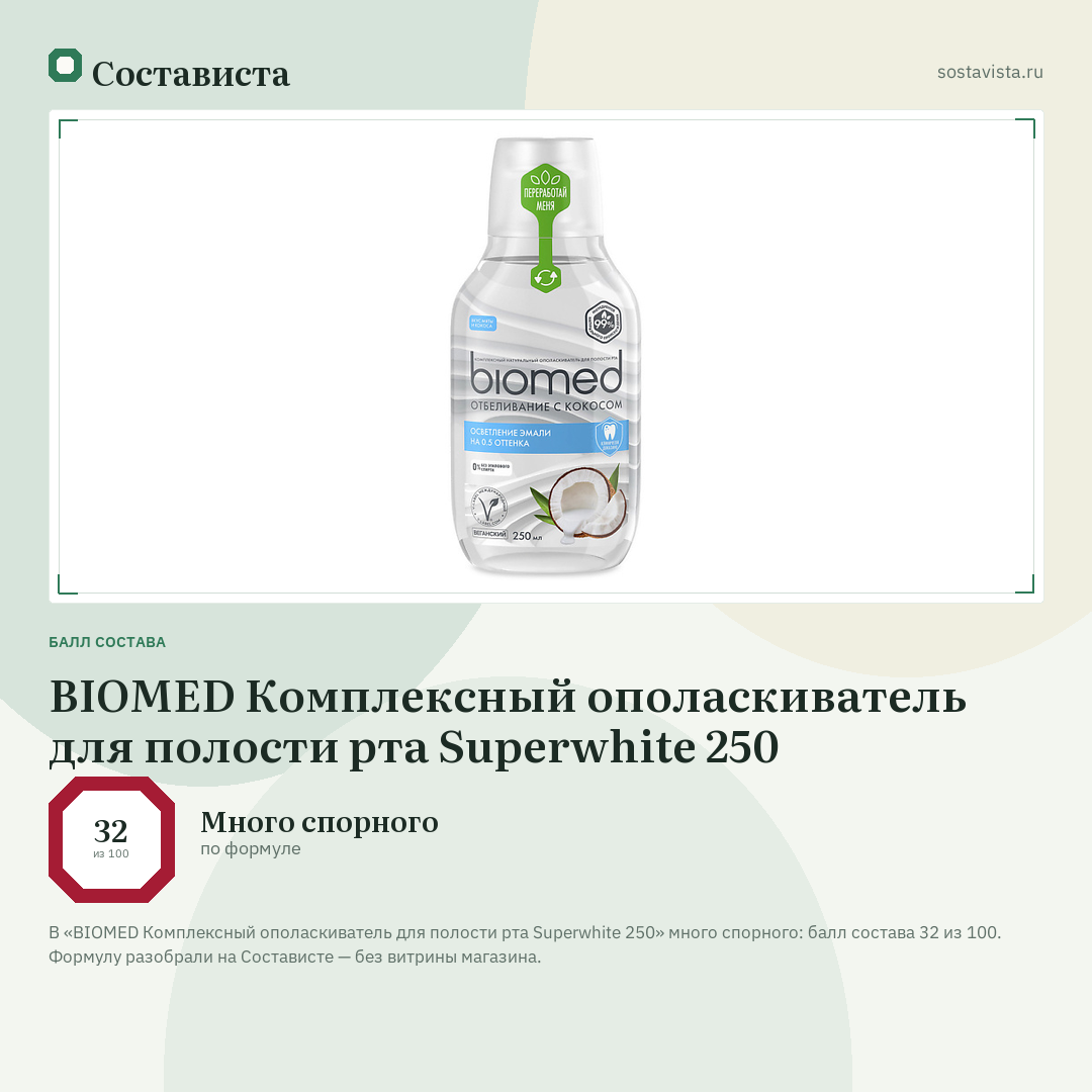 BIOMED Комплексный ополаскиватель для полости рта Superwhite 250: балл состава 32 из 100 — Состависта