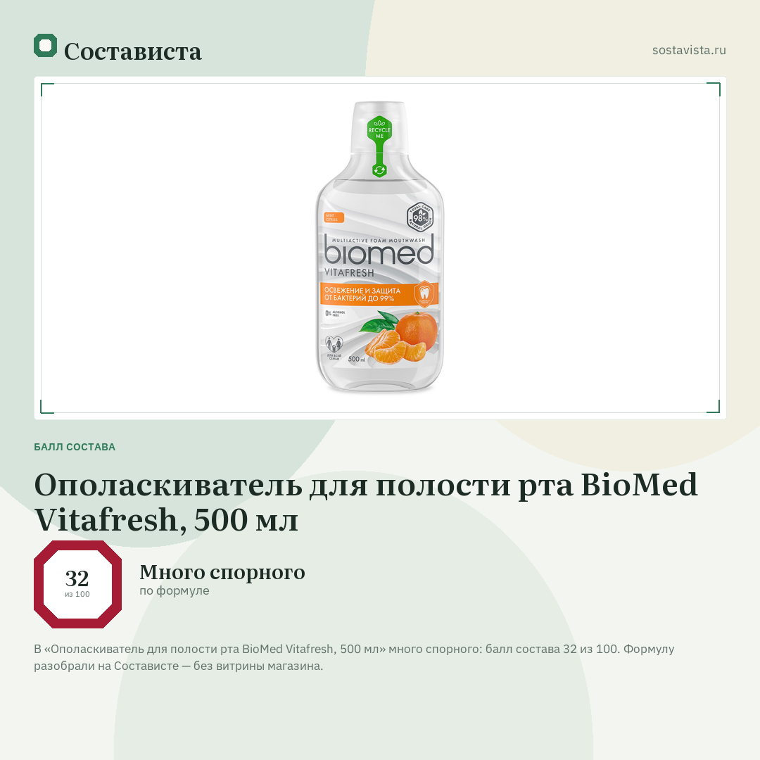 Ополаскиватель для полости рта BioMed Vitafresh, 500 мл: балл состава 32 из 100 — Состависта