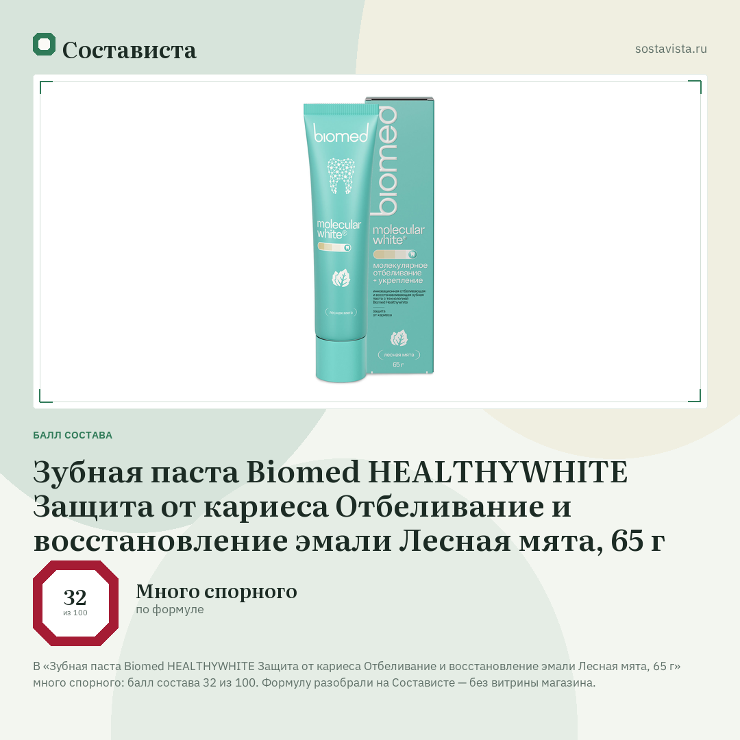 Зубная паста Biomed HEALTHYWHITE Защита от кариеса Отбеливание и восстановление эмали Лесная мята, 65 г: балл состава 32 из 100 — Состависта