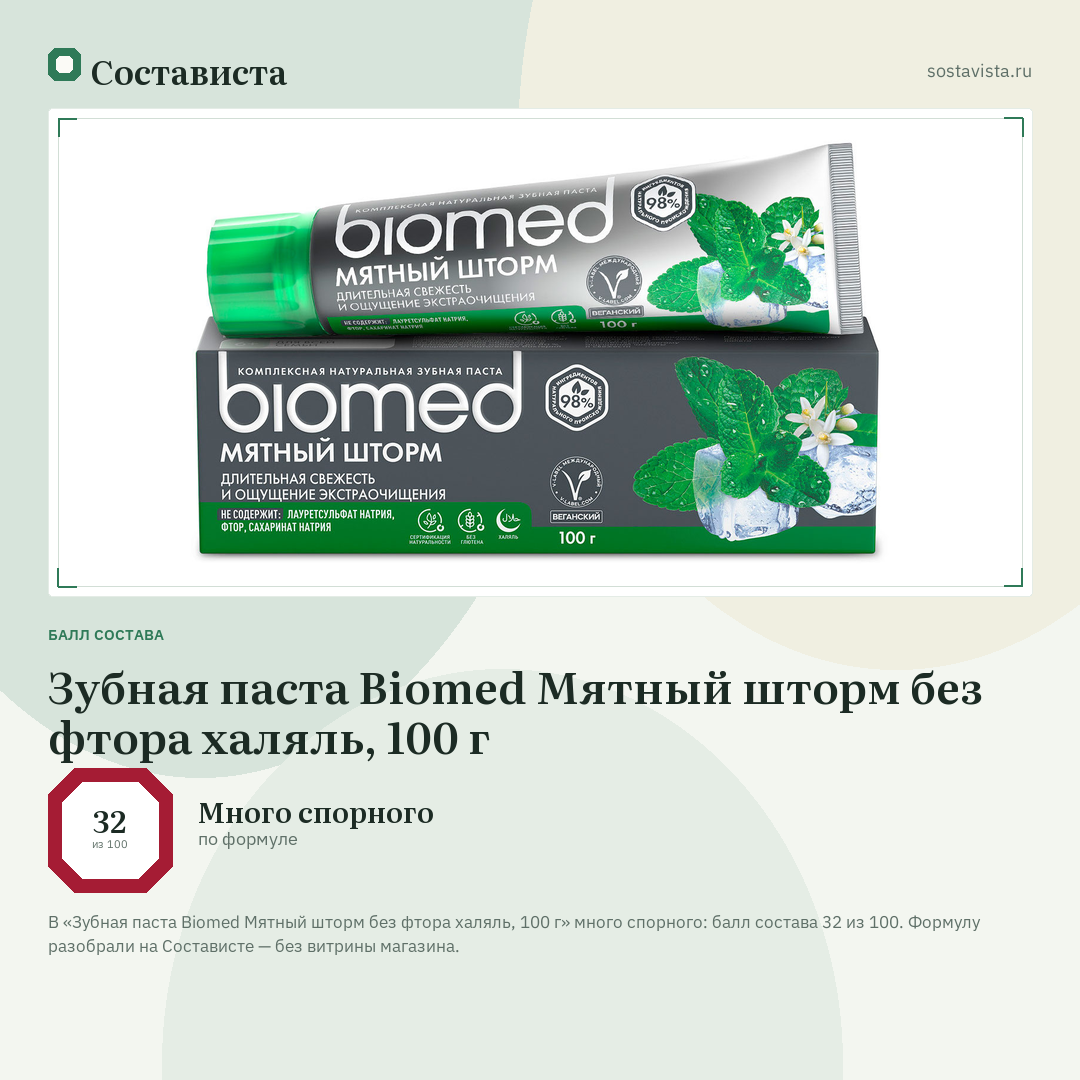 Зубная паста Biomed Мятный шторм без фтора халяль, 100 г: балл состава 32 из 100 — Состависта
