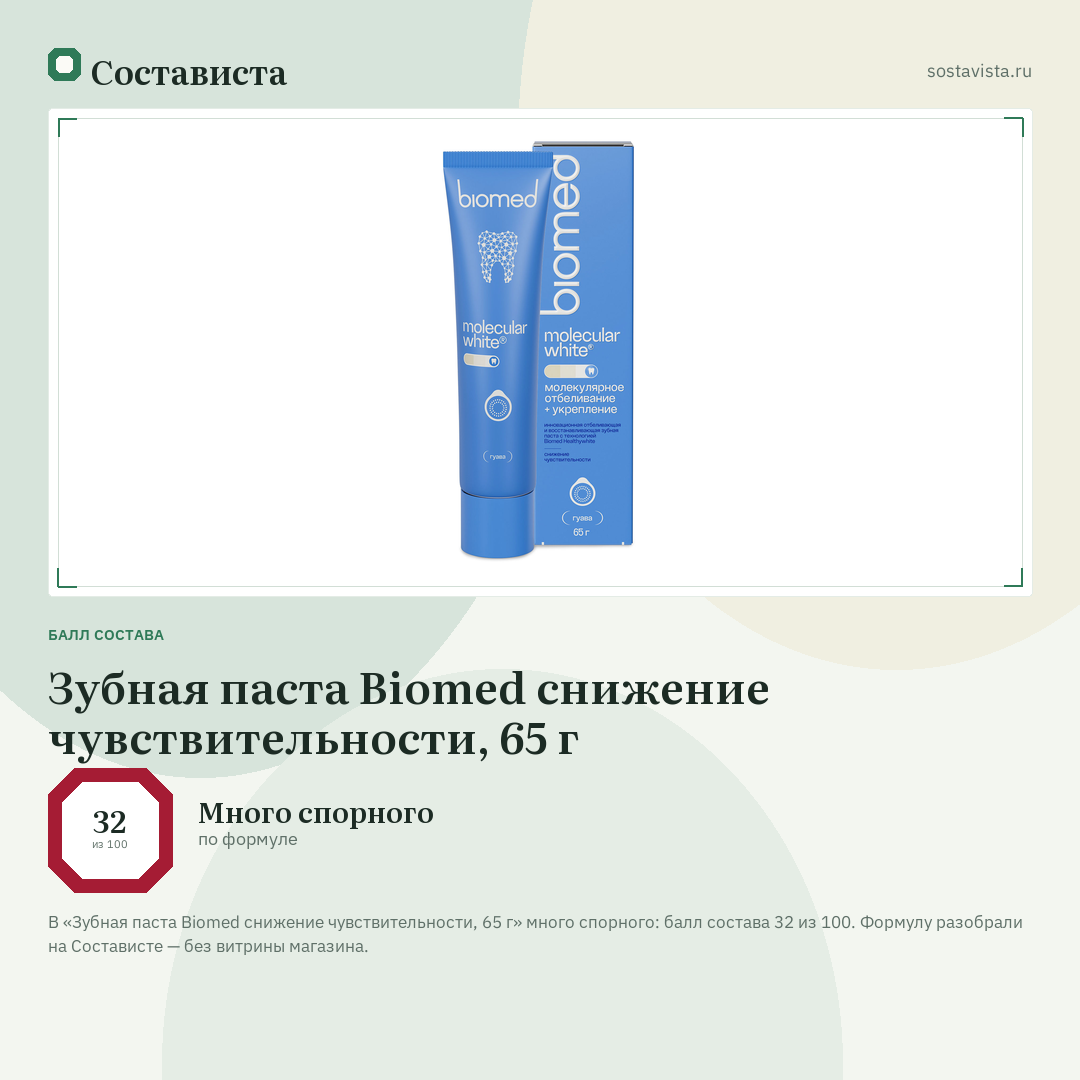 Зубная паста Biomed снижение чувствительности, 65 г: балл состава 32 из 100 — Состависта
