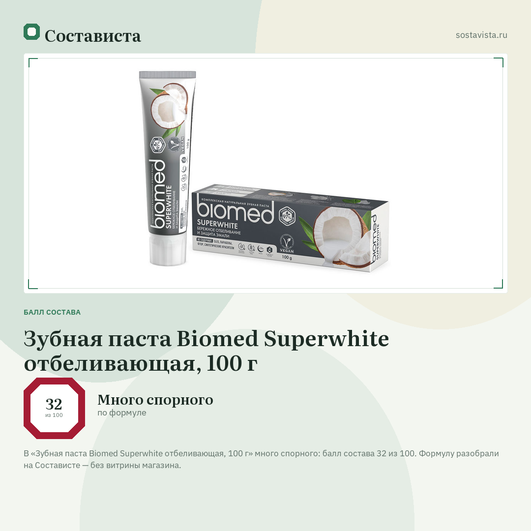 Зубная паста Biomed Superwhite отбеливающая, 100 г: балл состава 32 из 100 — Состависта