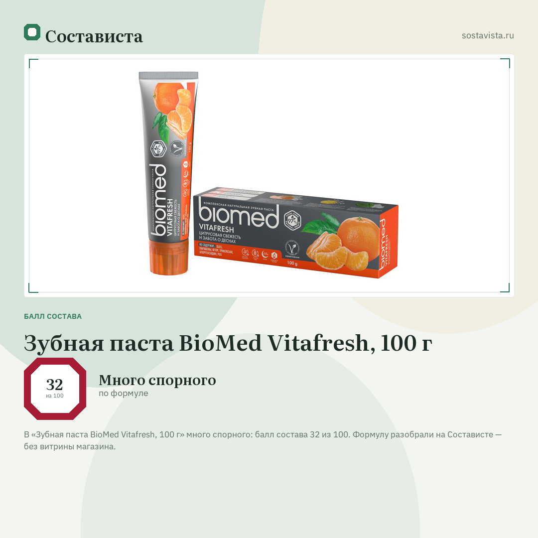 Зубная паста BioMed Vitafresh, 100 г: балл состава 32 из 100 — Состависта
