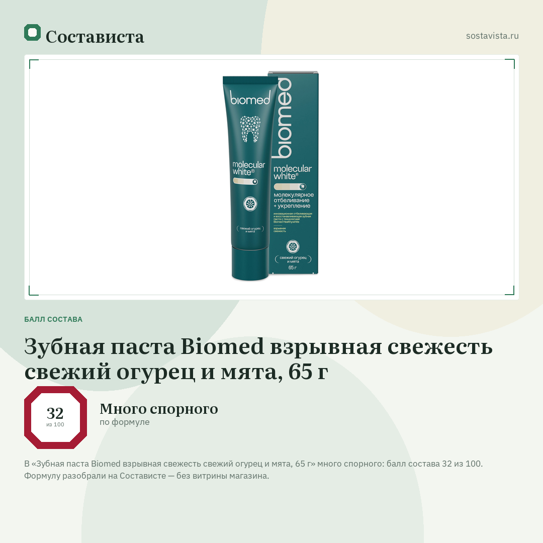 Зубная паста Biomed взрывная свежесть свежий огурец и мята, 65 г: балл состава 32 из 100 — Состависта