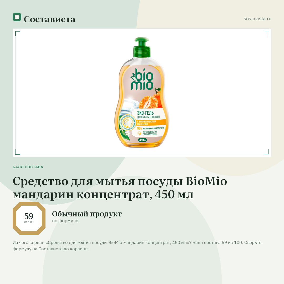 Средство для мытья посуды BioMio мандарин концентрат, 450 мл: балл состава 59 из 100 — Состависта