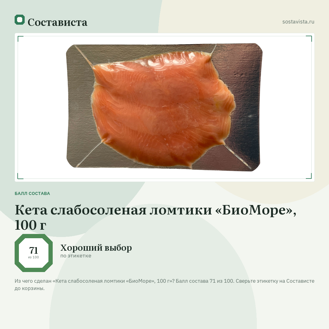 Кета слабосоленая ломтики «БиоМоре», 100 г: балл состава 71 из 100 — Состависта