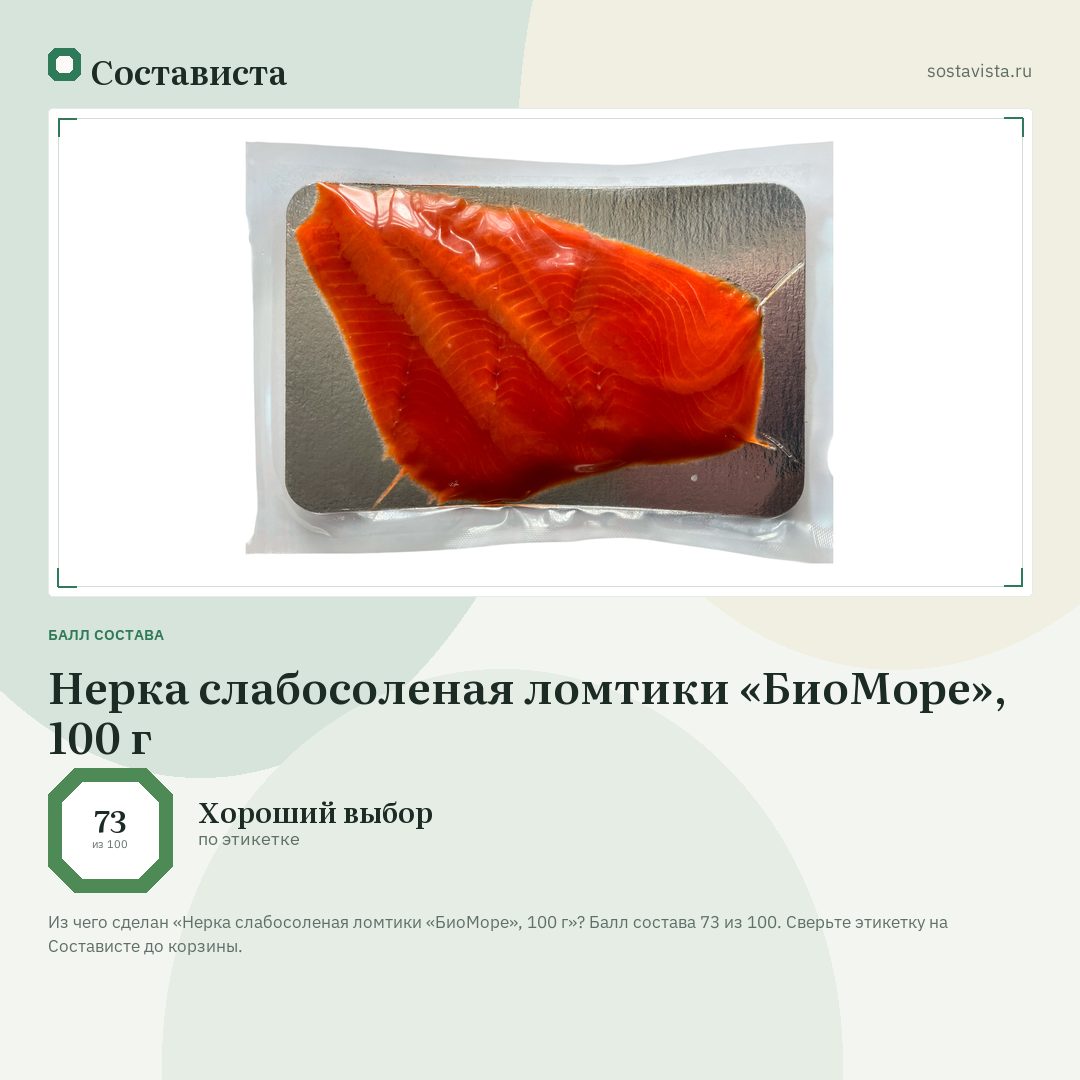 Нерка слабосоленая ломтики «БиоМоре», 100 г: балл состава 73 из 100 — Состависта