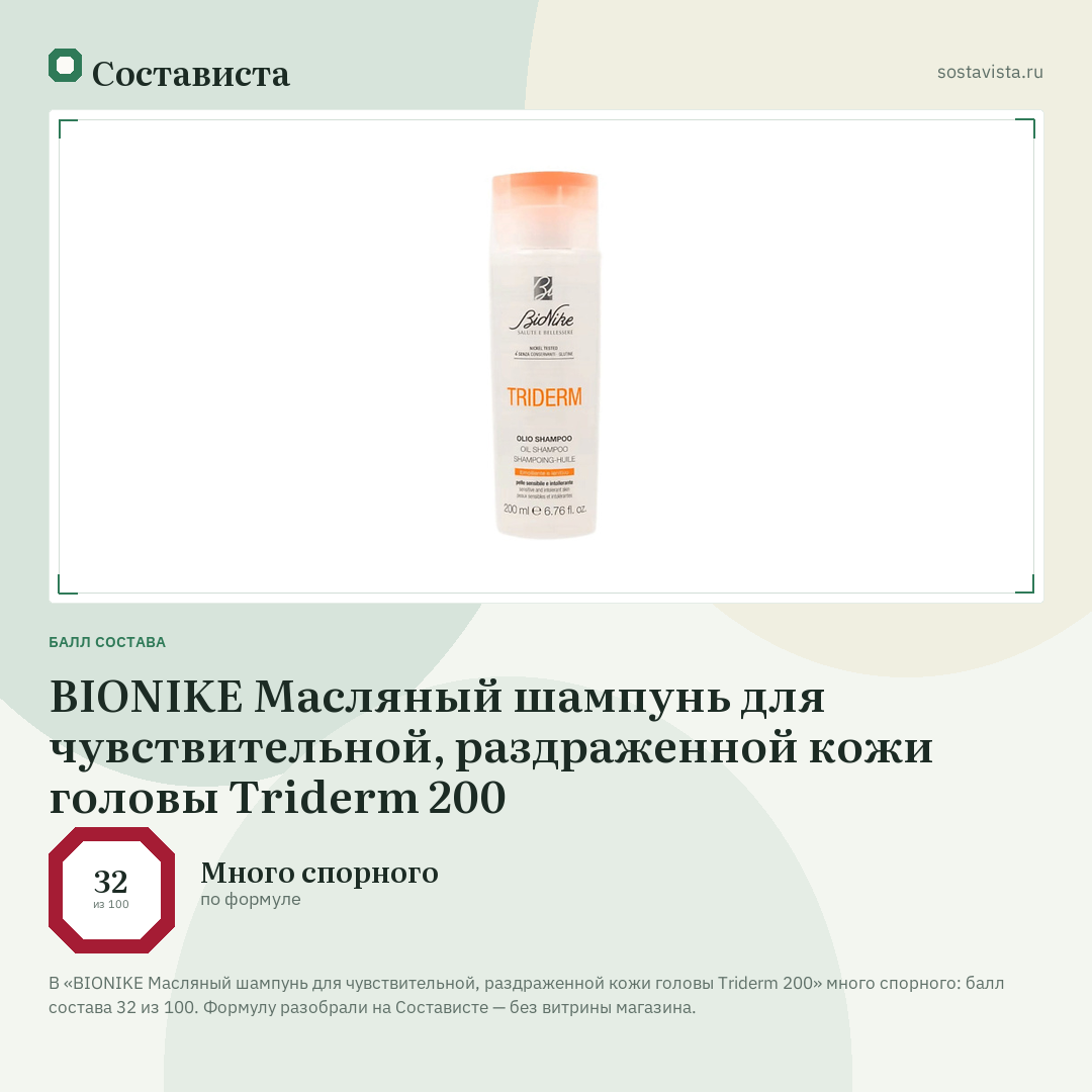 BIONIKE Масляный шампунь для чувствительной, раздраженной кожи головы Triderm 200: балл состава 32 из 100 — Состависта