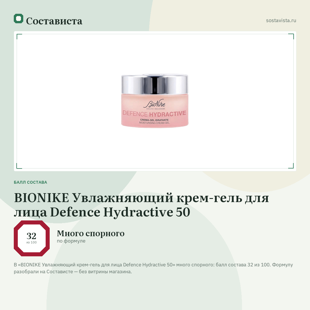 BIONIKE Увлажняющий крем-гель для лица Defence Hydractive 50: балл состава 32 из 100 — Состависта