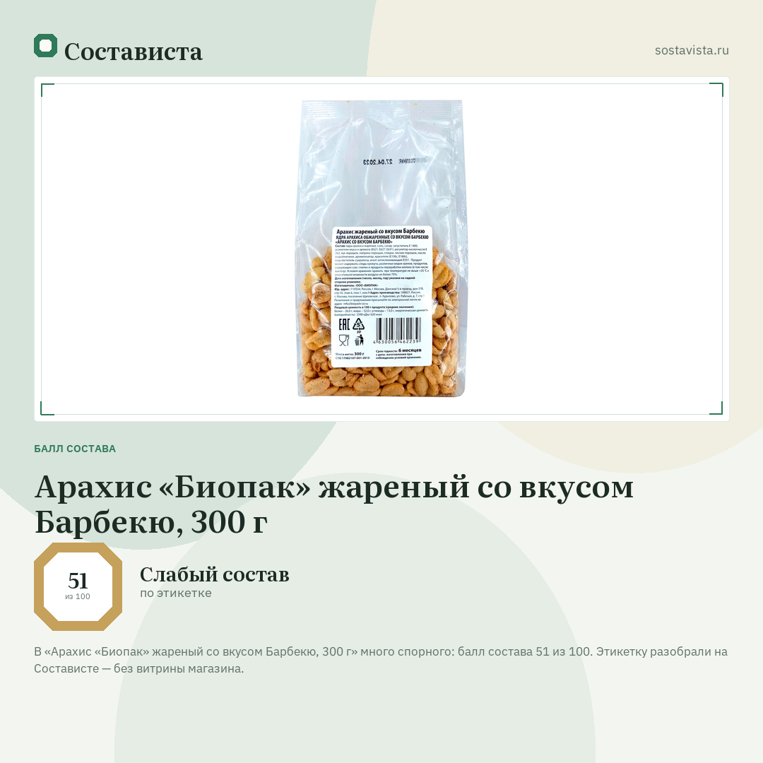 Арахис «Биопак» жареный со вкусом Барбекю, 300 г: балл состава 51 из 100 — Состависта