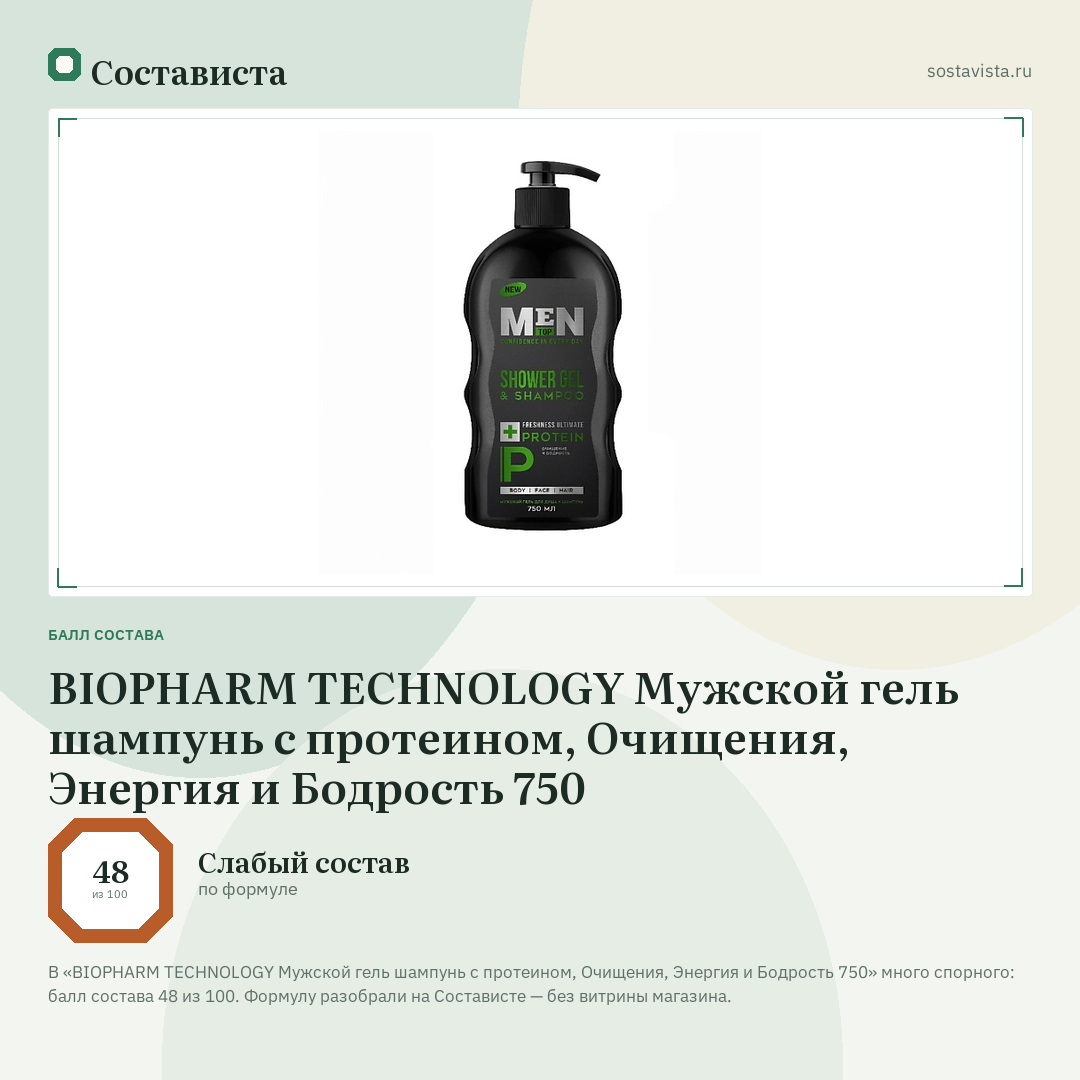 BIOPHARM TECHNOLOGY Мужской гель шампунь с протеином, Очищения, Энергия и Бодрость 750: балл состава 48 из 100 — Состависта