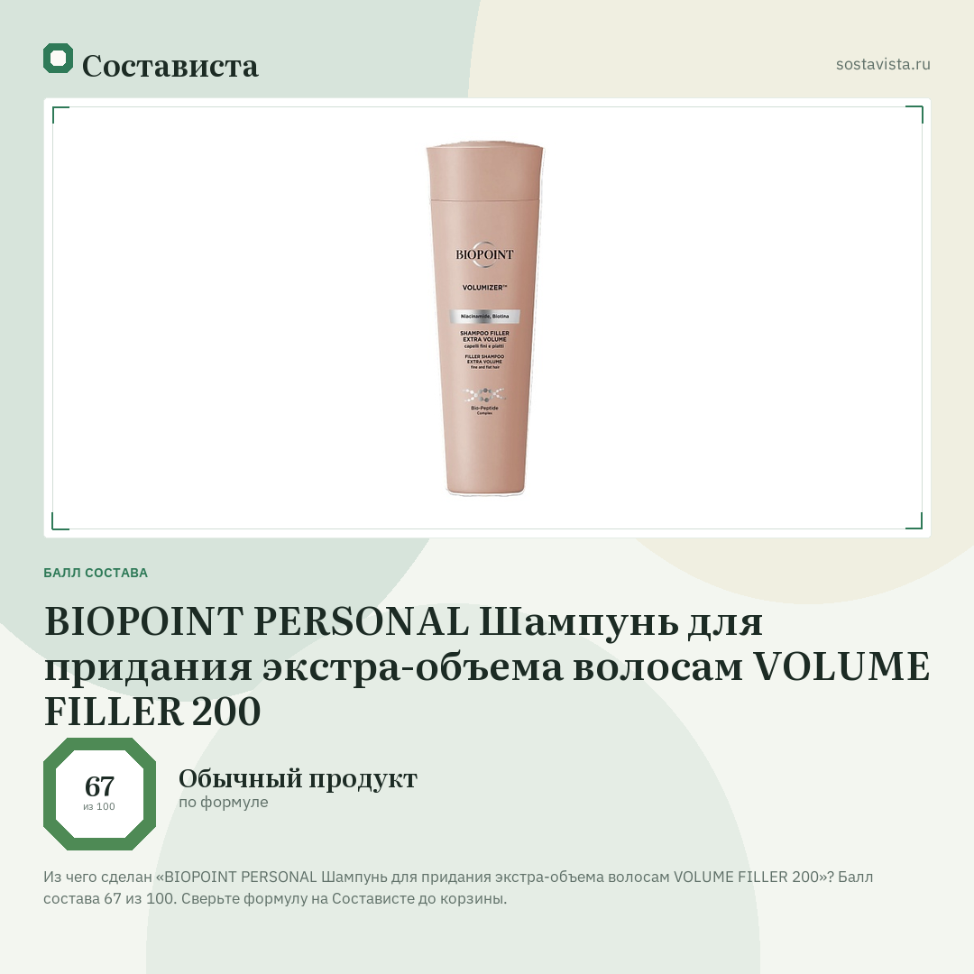 BIOPOINT PERSONAL Шампунь для придания экстра-объема волосам VOLUME FILLER 200: балл состава 67 из 100 — Состависта