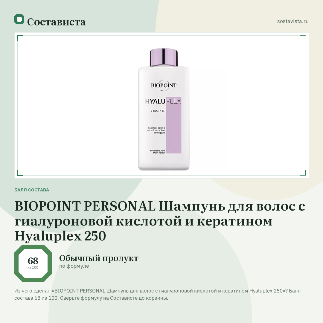 BIOPOINT PERSONAL Шампунь для волос с гиалуроновой кислотой и кератином Hyaluplex 250: балл состава 68 из 100 — Состависта