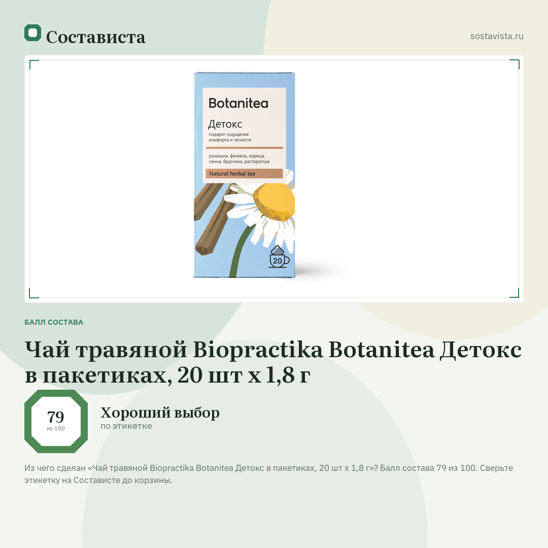 Чай травяной Biopractika Botanitea Детокс в пакетиках, 20 шт х 1,8 г: балл состава 79 из 100 — Состависта