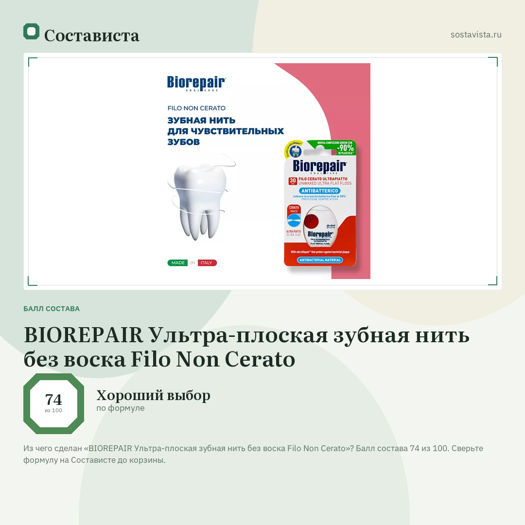 BIOREPAIR Ультра-плоская зубная нить без воска Filo Non Cerato: балл состава 74 из 100 — Состависта