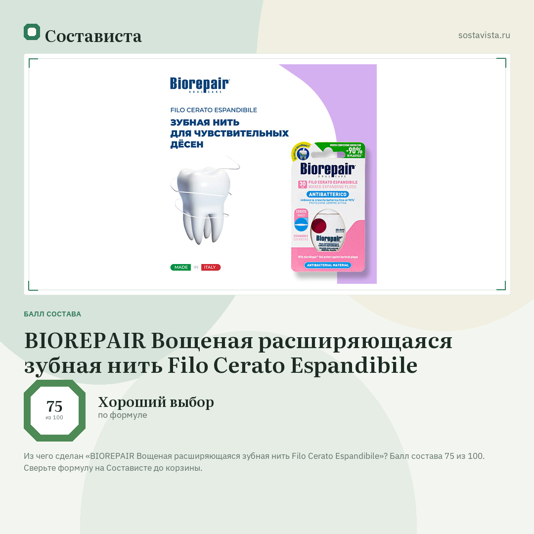 BIOREPAIR Вощеная расширяющаяся зубная нить Filo Cerato Espandibile: балл состава 75 из 100 — Состависта
