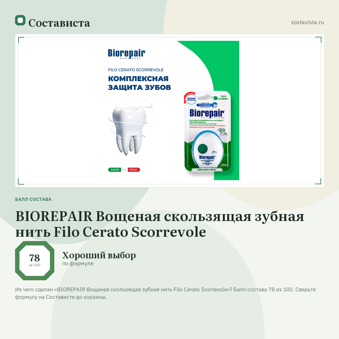 BIOREPAIR Вощеная скользящая зубная нить Filo Cerato Scorrevole: балл состава 78 из 100 — Состависта