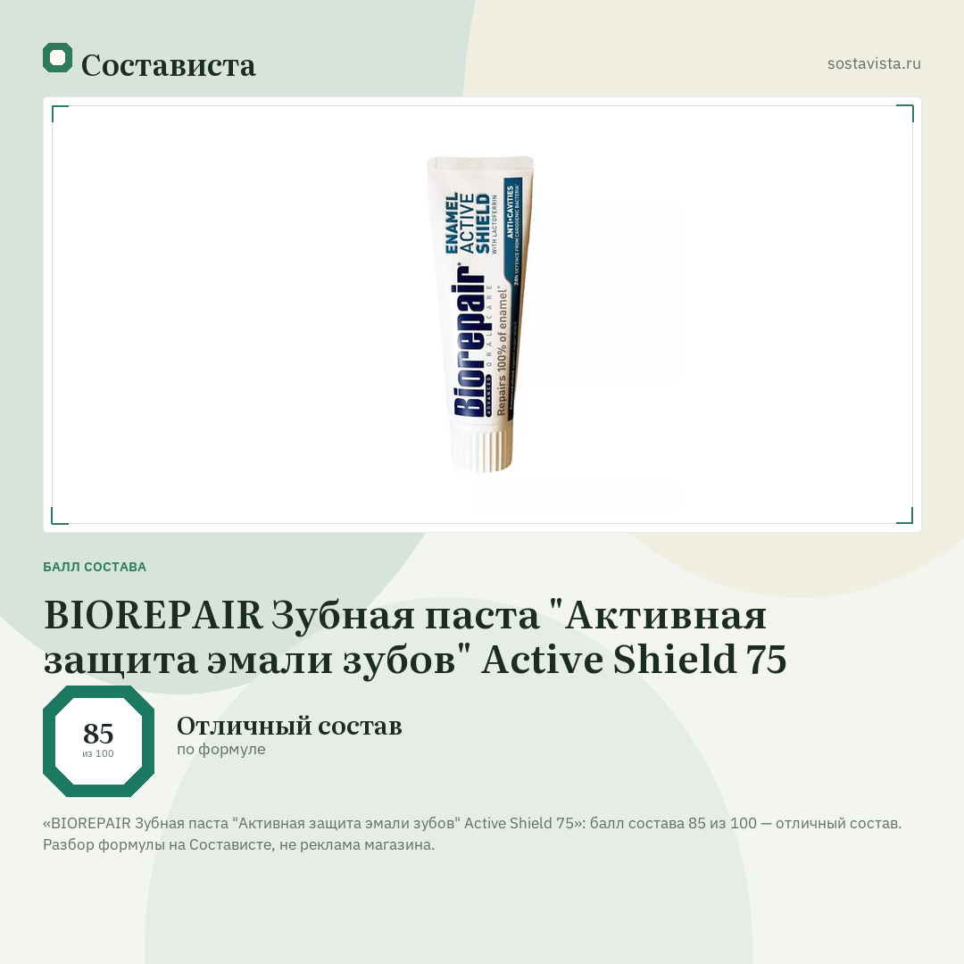 BIOREPAIR Зубная паста "Активная защита эмали зубов" Active Shield 75: балл состава 85 из 100 — Состависта