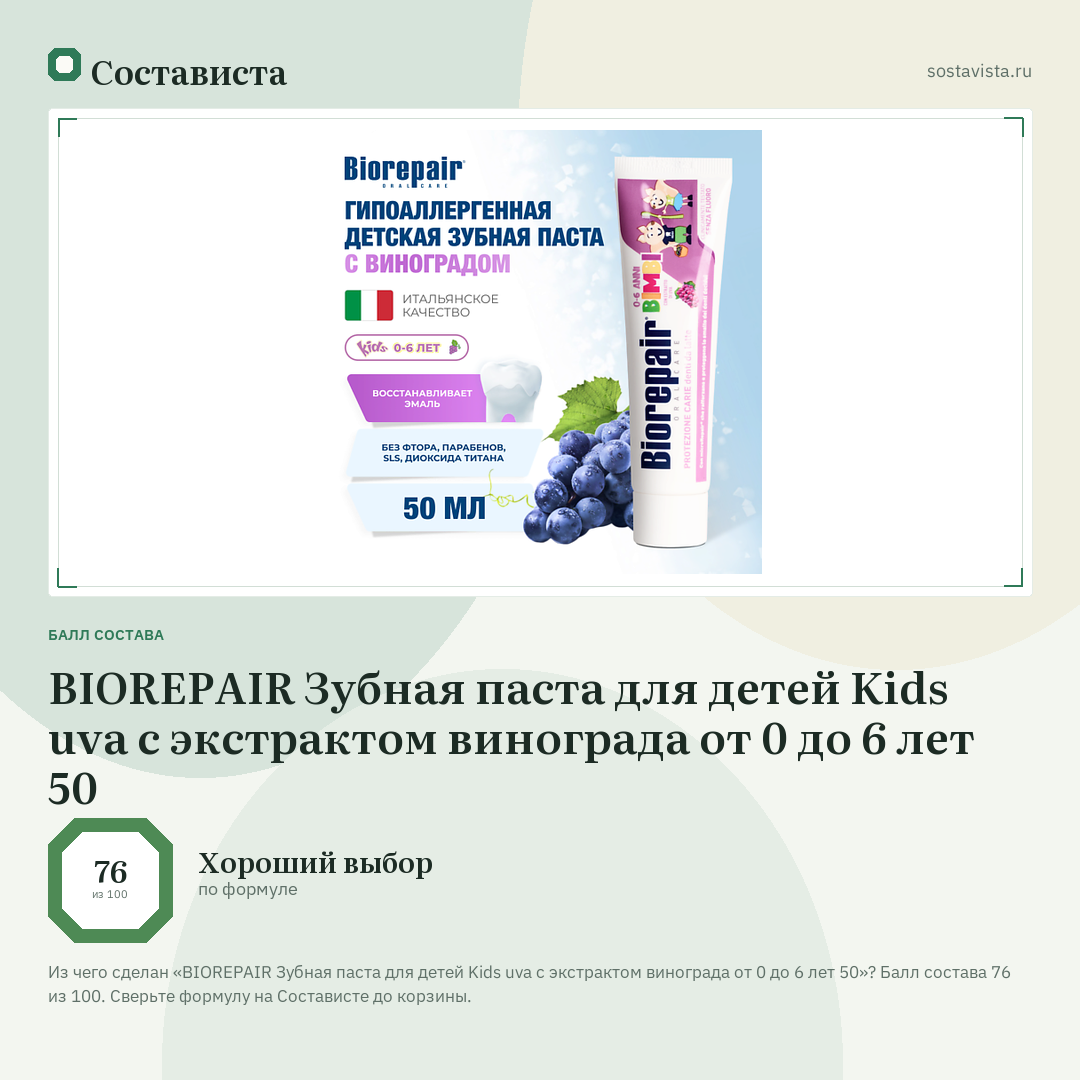 BIOREPAIR Зубная паста для детей Kids uva с экстрактом винограда от 0 до 6 лет 50: балл состава 76 из 100 — Состависта