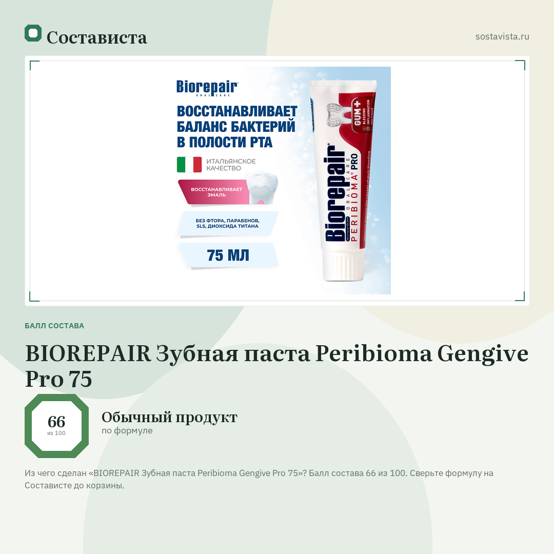 BIOREPAIR Зубная паста Peribioma Gengive Pro 75: балл состава 66 из 100 — Состависта