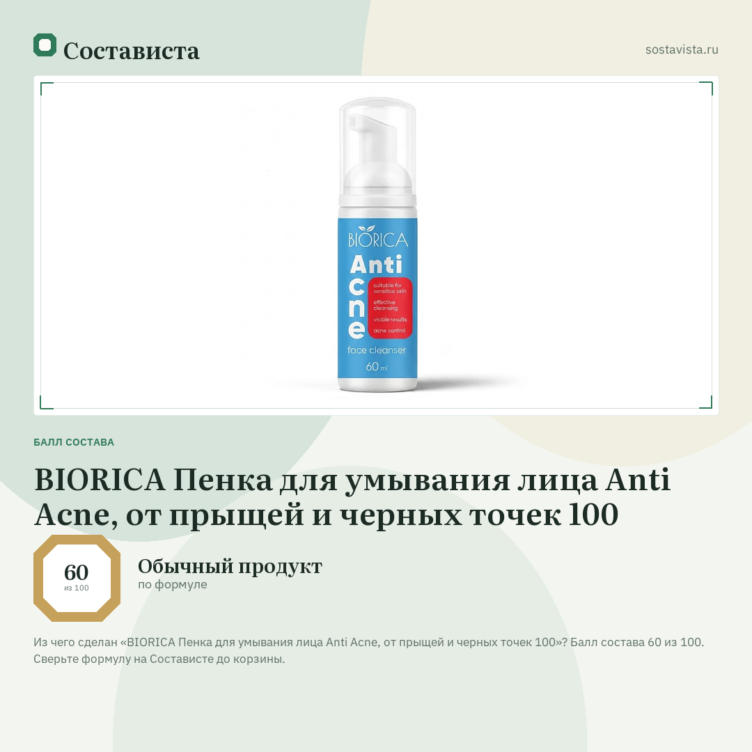 BIORICA Пенка для умывания лица Anti Acne, от прыщей и черных точек 100: балл состава 60 из 100 — Состависта