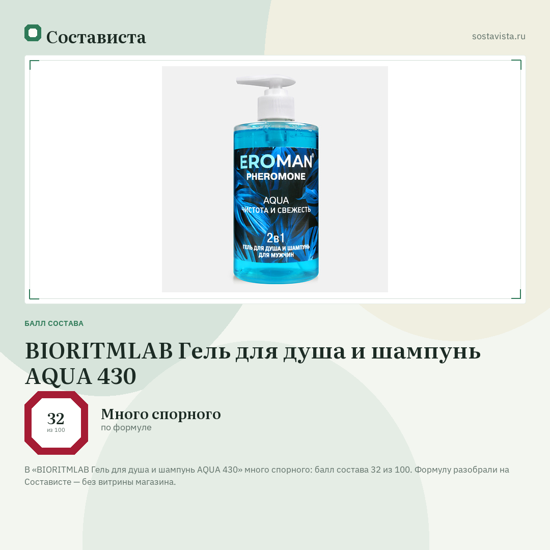 BIORITMLAB Гель для душа и шампунь AQUA 430: балл состава 32 из 100 — Состависта