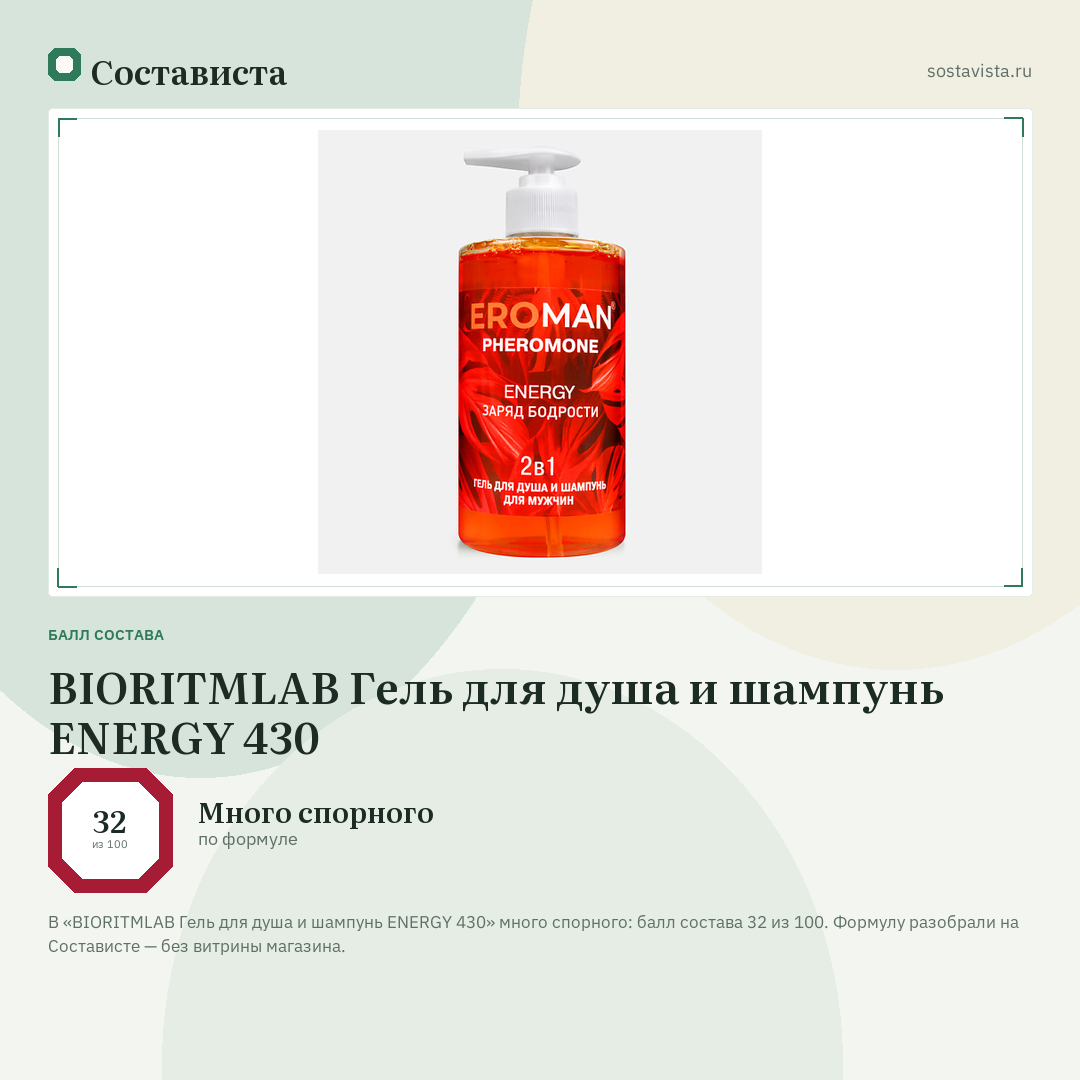 BIORITMLAB Гель для душа и шампунь ENERGY 430: балл состава 32 из 100 — Состависта