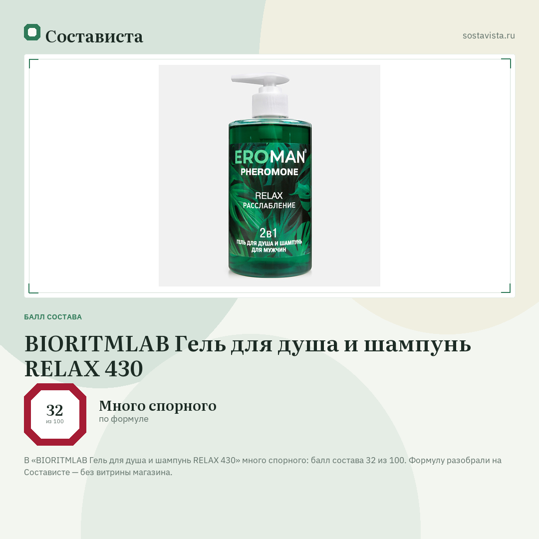 BIORITMLAB Гель для душа и шампунь RELAX 430: балл состава 32 из 100 — Состависта