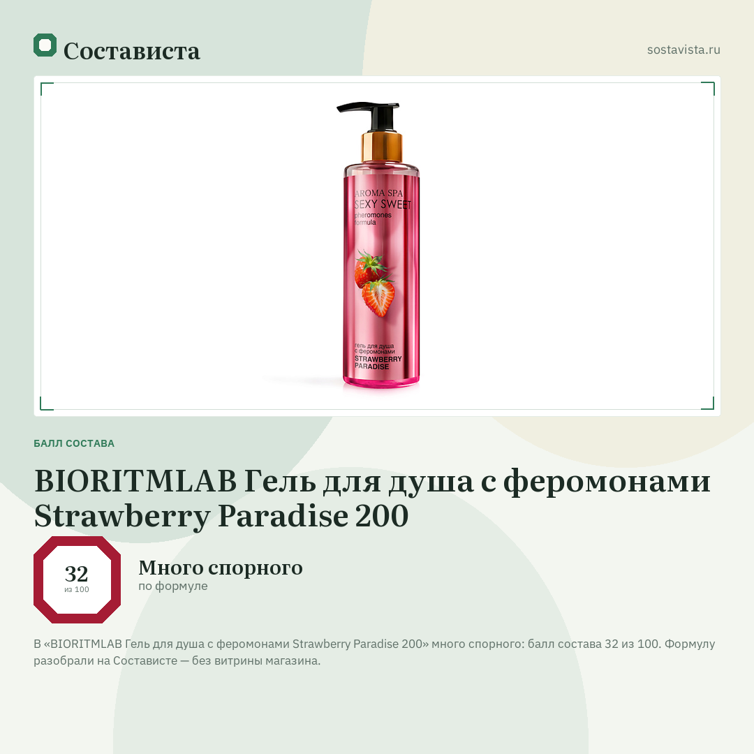 BIORITMLAB Гель для душа с феромонами Strawberry Paradise 200: балл состава 32 из 100 — Состависта