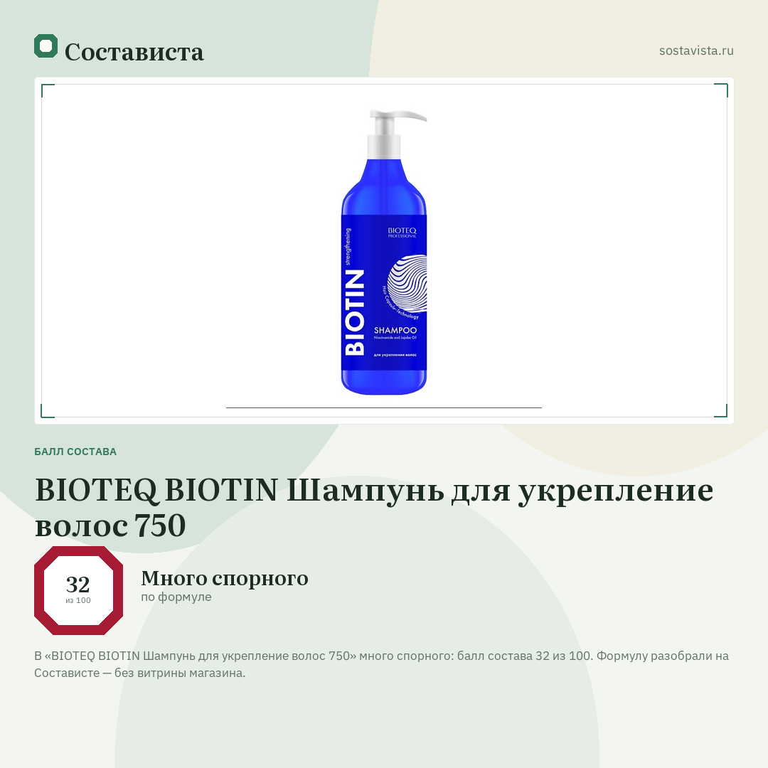 BIOTEQ BIOTIN Шампунь для укрепление волос 750: балл состава 32 из 100 — Состависта