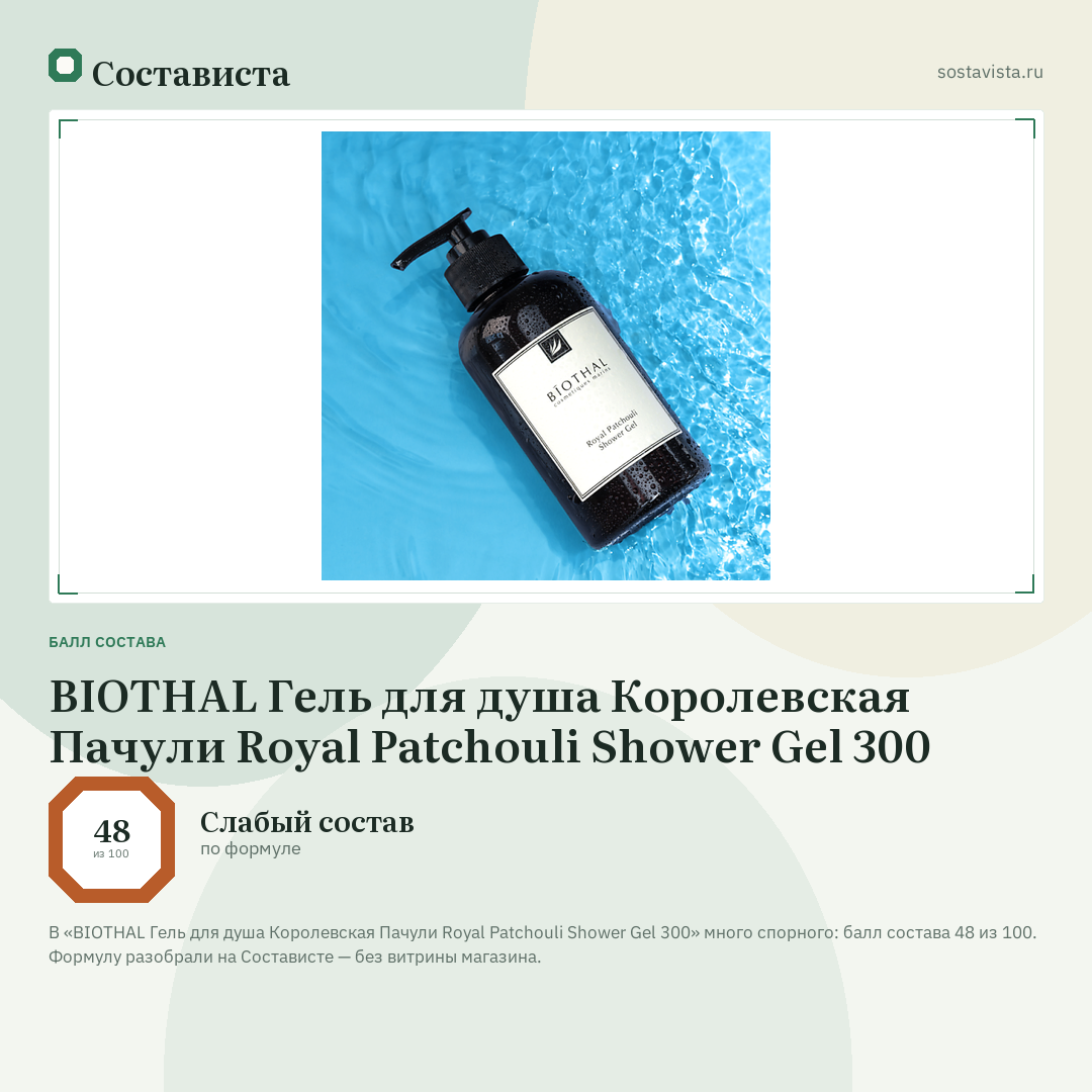 BIOTHAL Гель для душа Королевская Пачули Royal Patchouli Shower Gel 300: балл состава 48 из 100 — Состависта