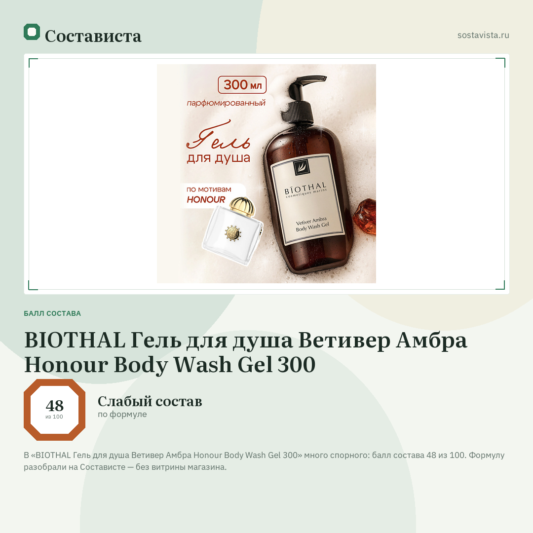 BIOTHAL Гель для душа Ветивер Амбра Honour Body Wash Gel 300: балл состава 48 из 100 — Состависта