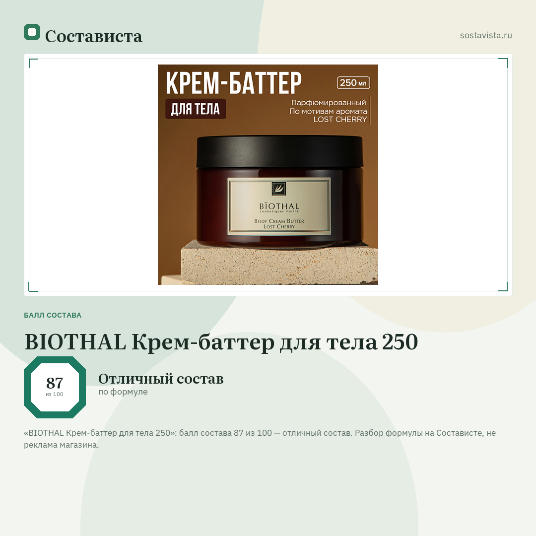BIOTHAL Крем-баттер для тела 250: балл состава 87 из 100 — Состависта