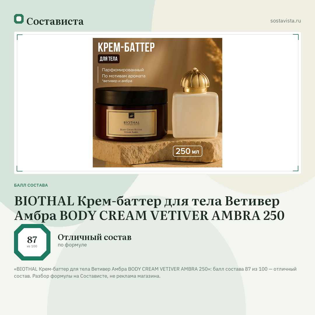 BIOTHAL Крем-баттер для тела Ветивер Амбра BODY CREAM VETIVER AMBRA 250: балл состава 87 из 100 — Состависта