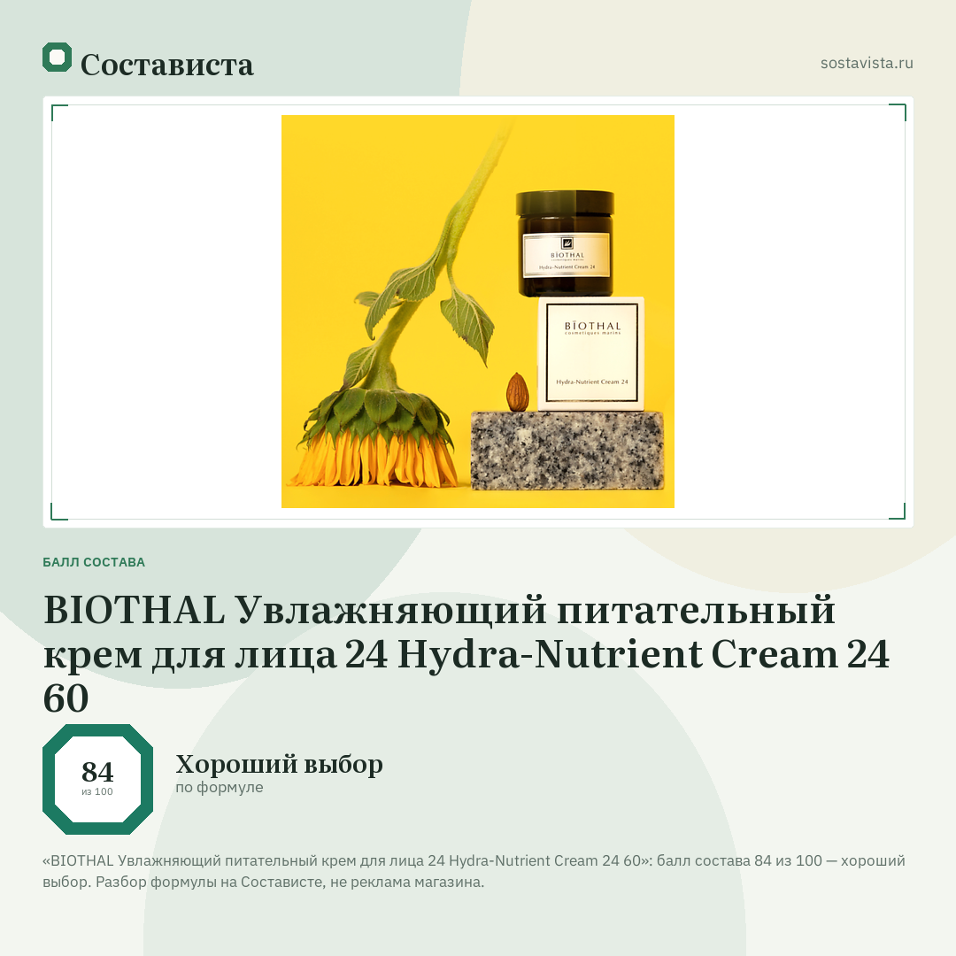 BIOTHAL Увлажняющий питательный крем для лица 24 Hydra-Nutrient Cream 24 60: балл состава 84 из 100 — Состависта