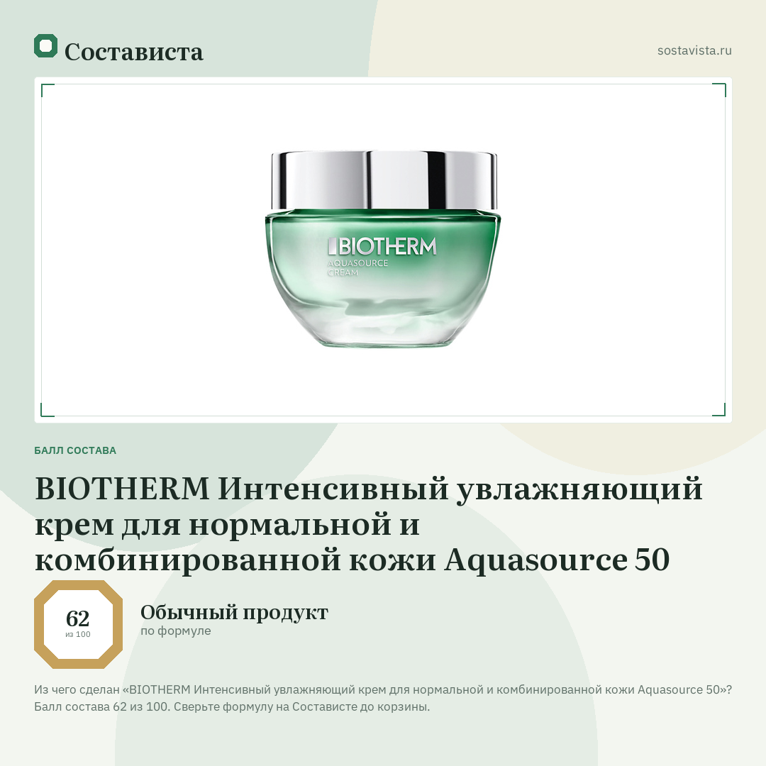 BIOTHERM Интенсивный увлажняющий крем для нормальной и комбинированной кожи Aquasource 50: балл состава 62 из 100 — Состависта