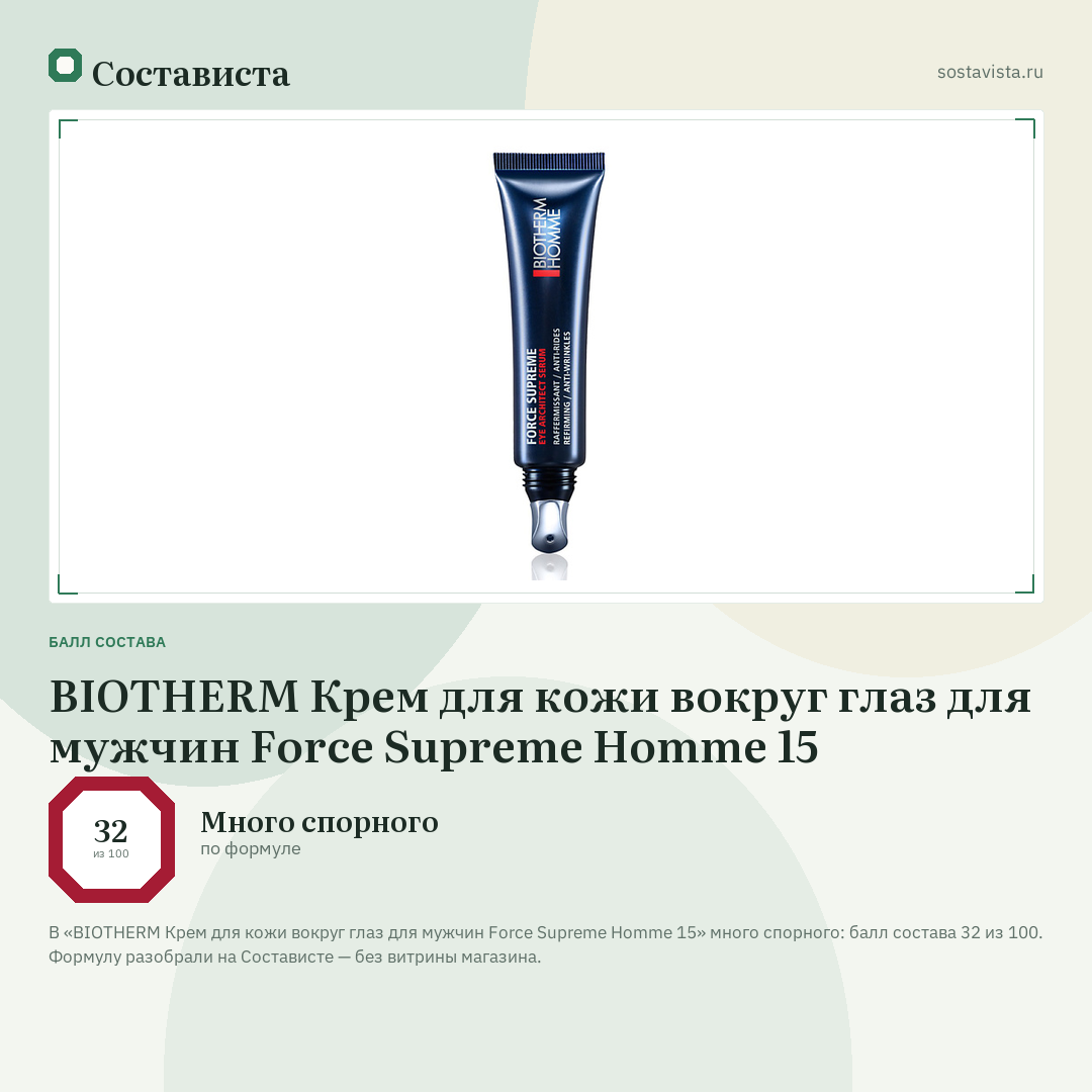 BIOTHERM Крем для кожи вокруг глаз для мужчин Force Supreme Homme 15: балл состава 32 из 100 — Состависта