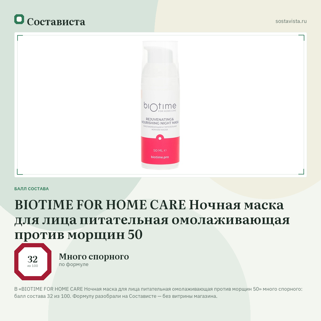BIOTIME FOR HOME CARE Ночная маска для лица питательная омолаживающая против морщин 50: балл состава 32 из 100 — Состависта