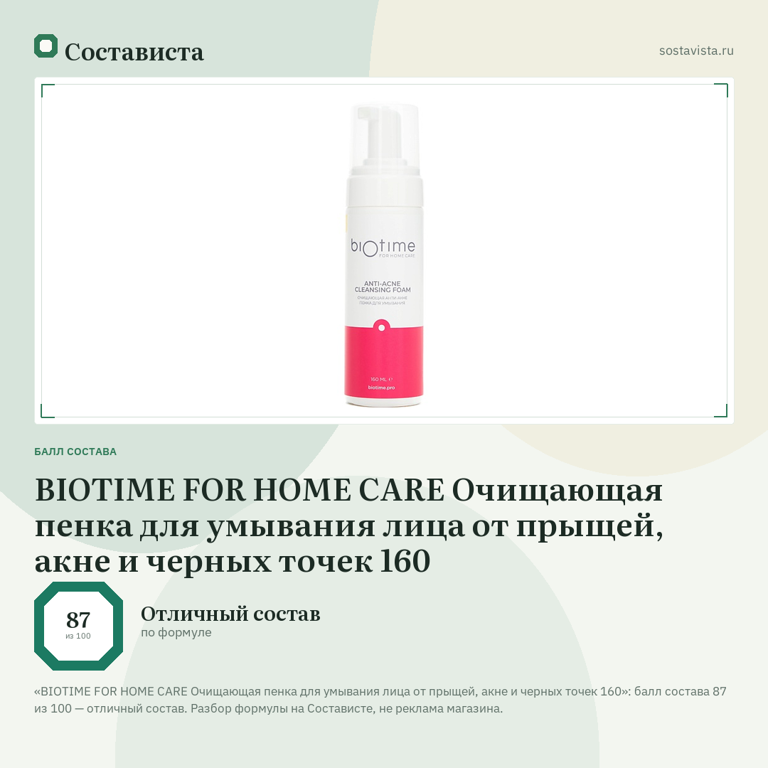 BIOTIME FOR HOME CARE Очищающая пенка для умывания лица от прыщей, акне и черных точек 160: балл состава 87 из 100 — Состависта