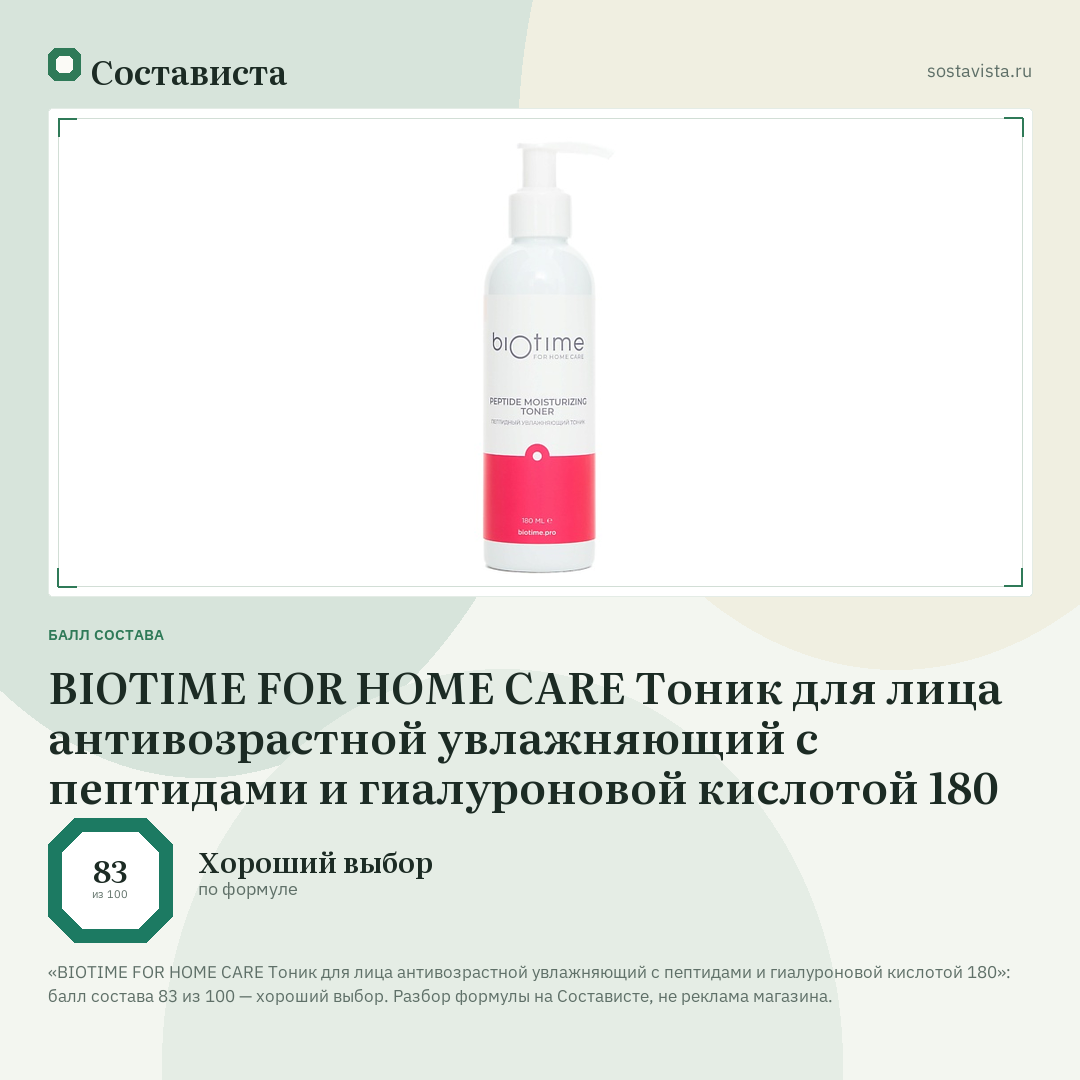 BIOTIME FOR HOME CARE Тоник для лица антивозрастной увлажняющий с пептидами и гиалуроновой кислотой 180: балл состава 83 из 100 — Состависта