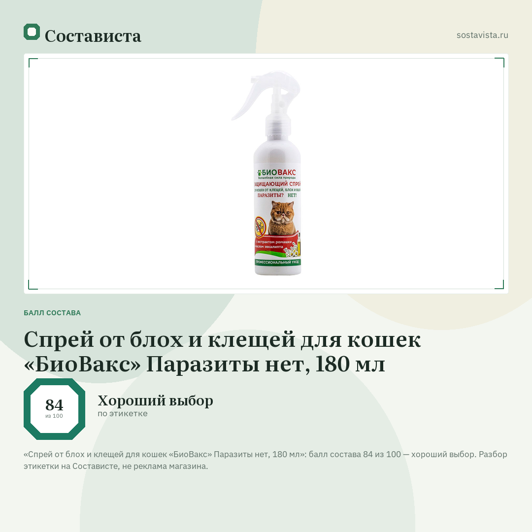 Спрей от блох и клещей для кошек «БиоВакс» Паразиты нет, 180 мл: балл состава 84 из 100 — Состависта