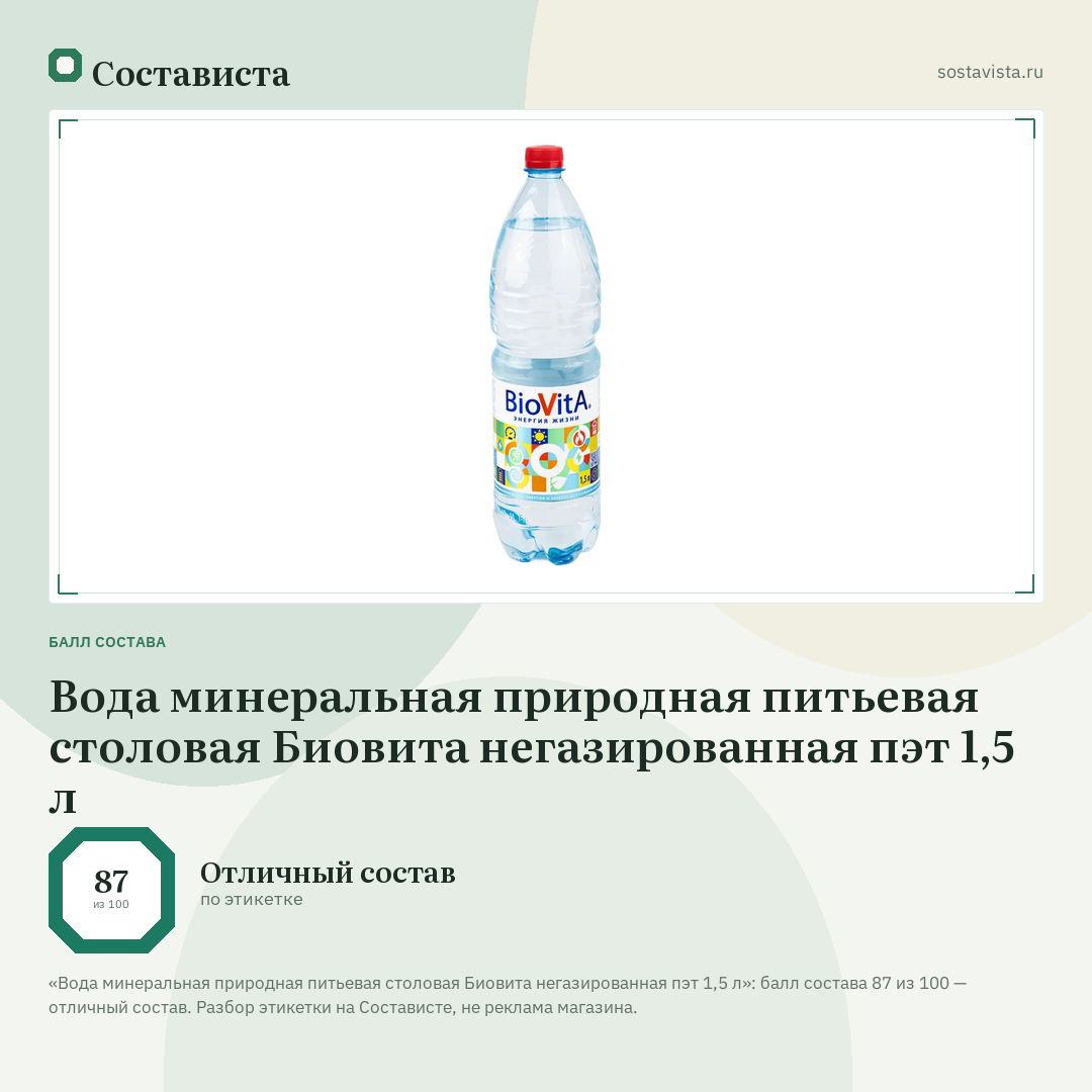 Вода минеральная природная питьевая столовая Биовита негазированная пэт 1,5 л: балл состава 87 из 100 — Состависта