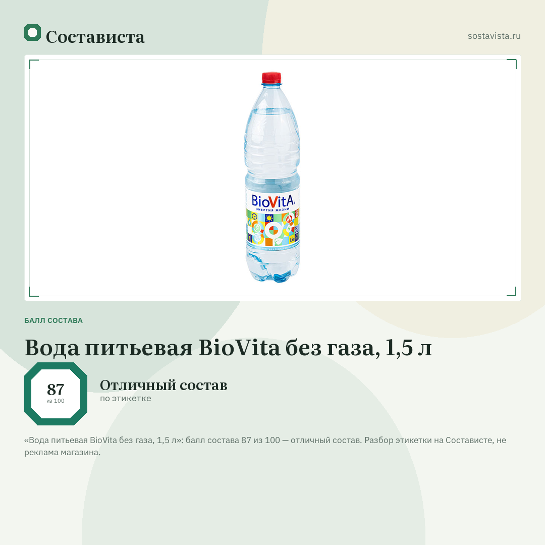 Вода питьевая BioVita без газа, 1,5 л: балл состава 87 из 100 — Состависта