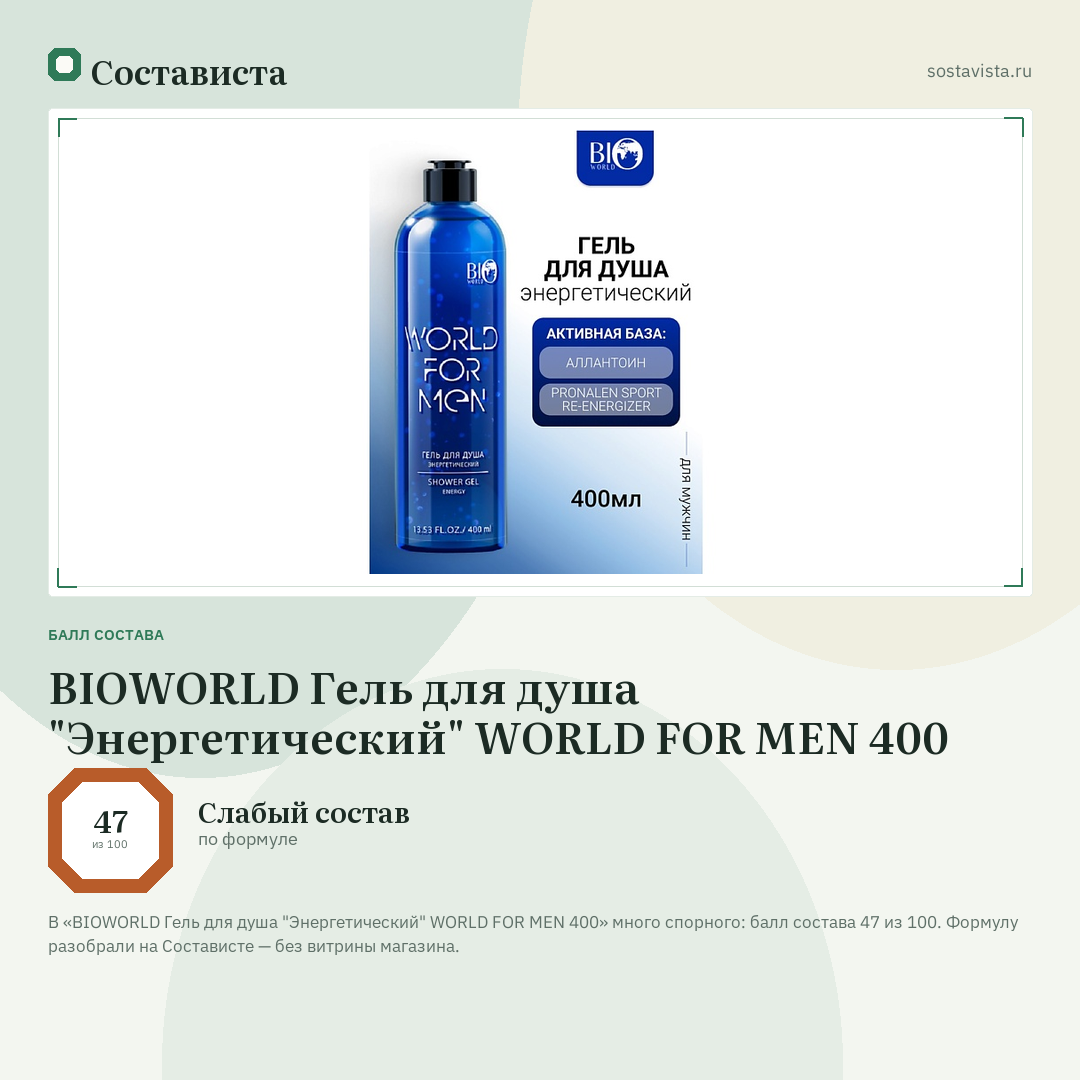 BIOWORLD Гель для душа "Энергетический" WORLD FOR MEN 400: балл состава 47 из 100 — Состависта