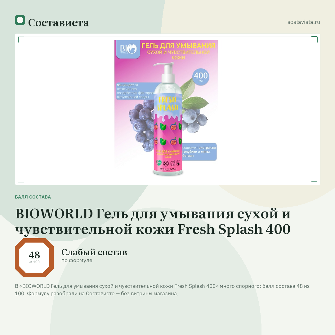 BIOWORLD Гель для умывания сухой и чувствительной кожи Fresh Splash 400: балл состава 48 из 100 — Состависта